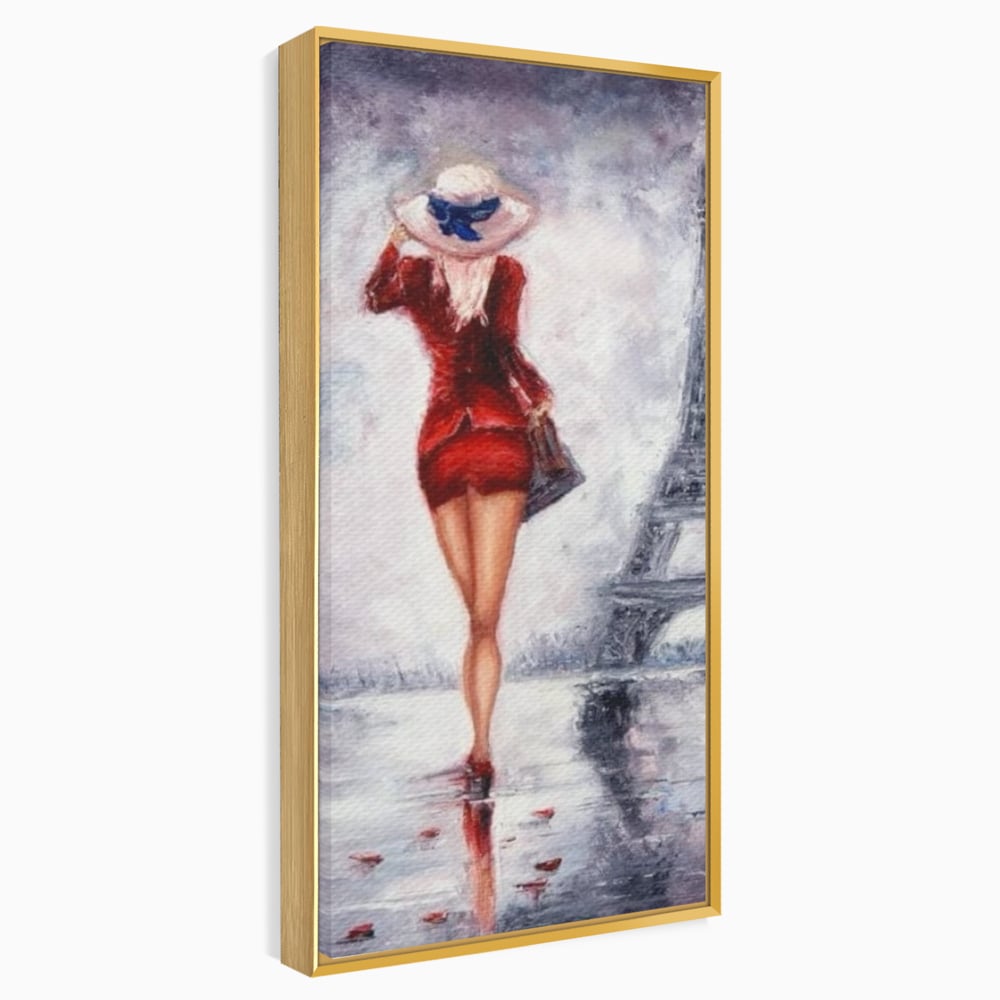 Tablou canvas cu pictura cu femeie in rochie rosie, in rama de aluminiu auriu